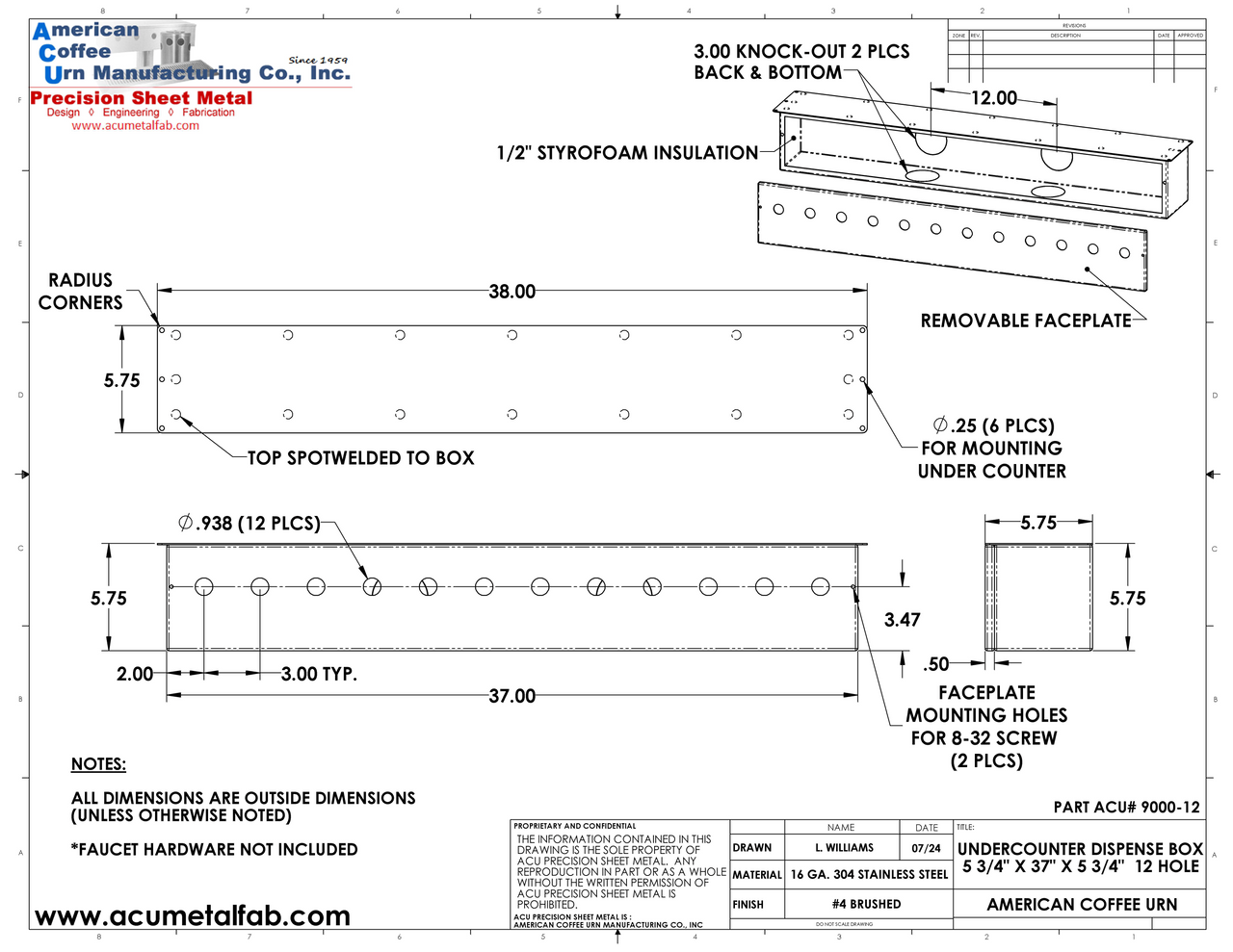 Under Counter Dispense Box | 37 Inch | 12 Holes