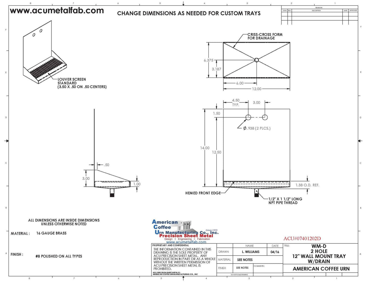 Wall Mount Drip Tray with Drain | 6-3/8" X 12" X 14" X 1" | Brass | 2 Faucet Holes - ACU Precision Sheet Metal